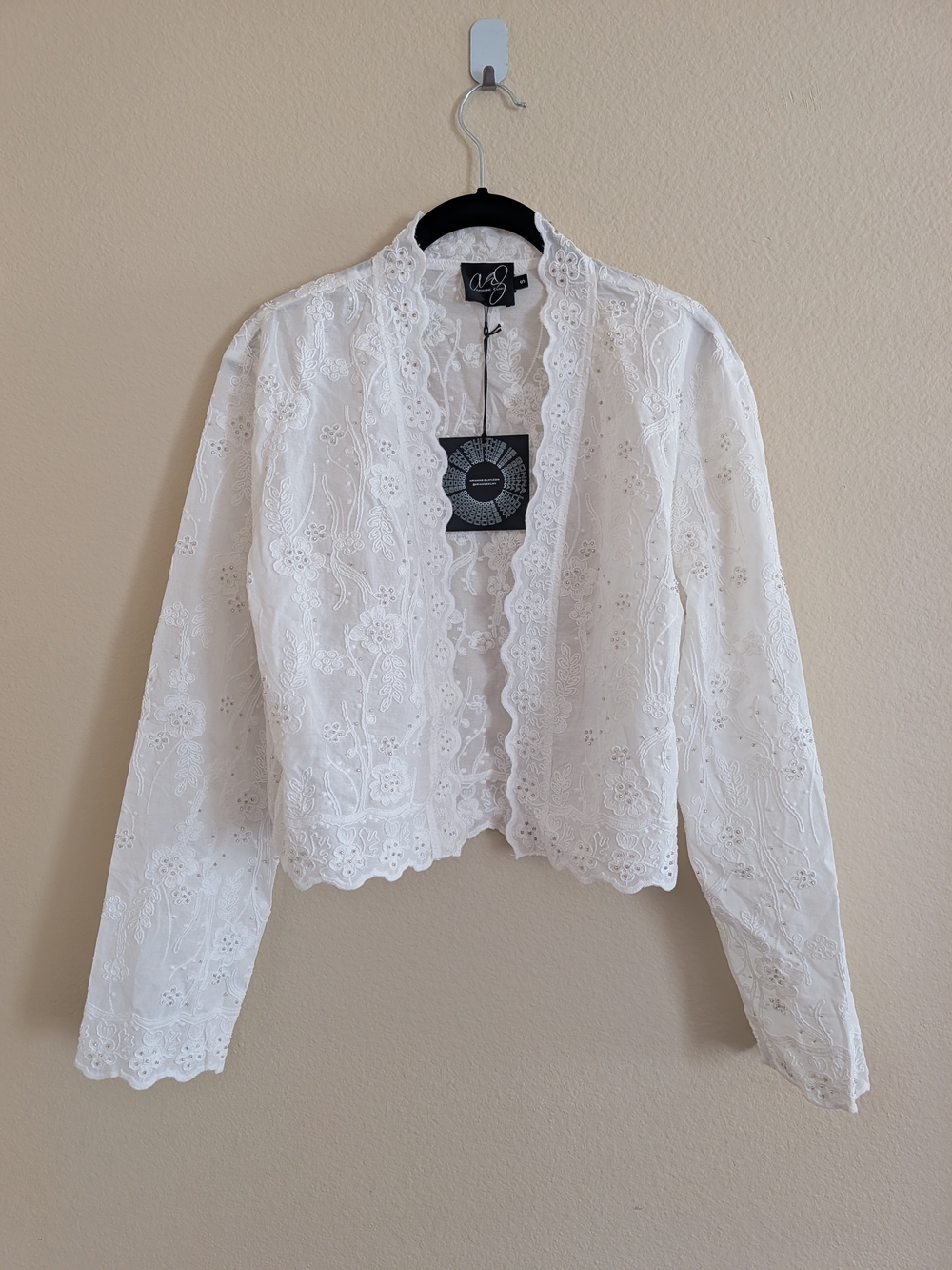 Ariane Elmy White Lace Eyelet Cropped Jacket Beaded 100% Cotton S NWT
